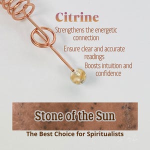 May include: A copper-colored crystal wand with a citrine stone at the tip. The image includes text that reads "Citrine" and "Stone of the Sun". The text also describes the benefits of citrine, including strengthening energetic connections and boosting intuition.