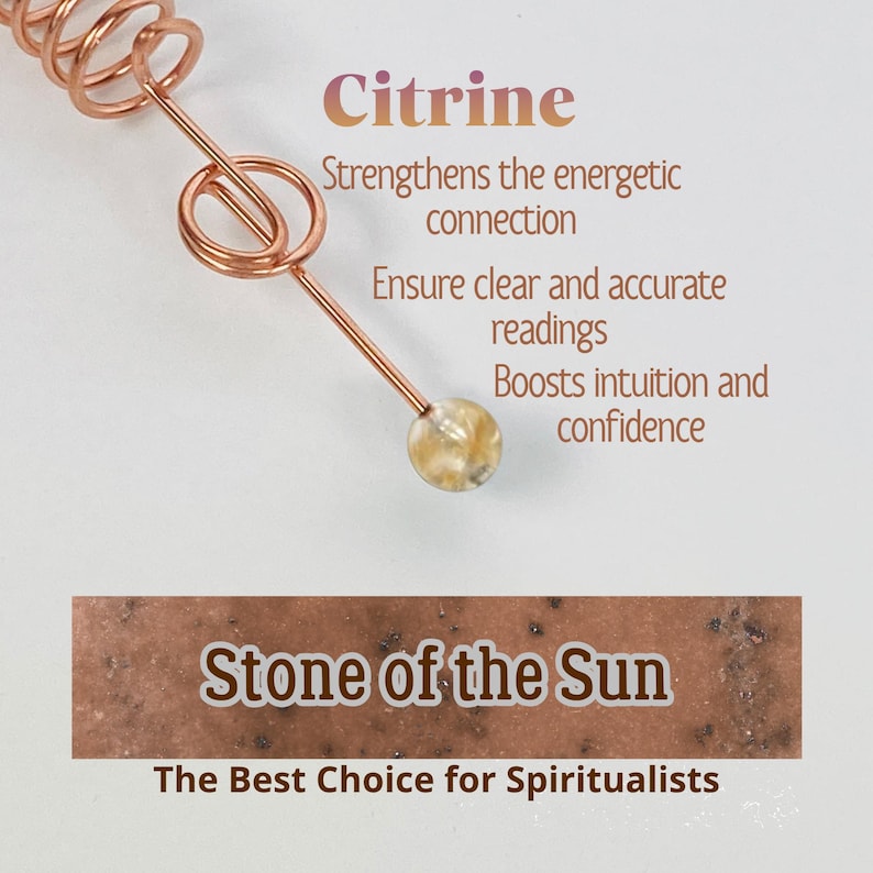 May include: A copper-colored crystal wand with a citrine stone at the tip. The image includes text that reads "Citrine" and "Stone of the Sun". The text also describes the benefits of citrine, including strengthening energetic connections and boosting intuition.