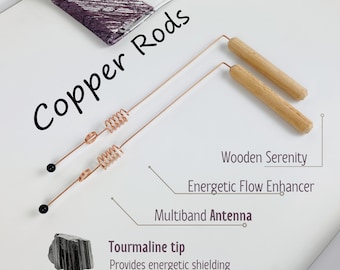 May include: Two copper rods with wooden handles and coiled centers. The rods have black tourmaline tips and are labeled "Copper Rods", "Wooden Serenity", "Energetic Flow Enhancer", and "Multiband Antenna". A piece of black tourmaline is also shown.