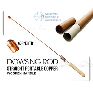 Puede incluir: Una varilla de zahorí recta y portátil de cobre, con mango de madera y punta de cobre. La imagen incluye el texto "DOWSING ROD STRAIGHT PORTABLE COPPER WOODEN HANDLE" y "COPPER TIP". La varilla se muestra con su tubo protector.