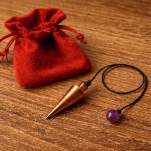 May include: A copper-colored pendulum with a pointed tip and a small, round, purple gemstone at the end of a black cord. A red velvet drawstring bag is next to the pendulum on a wooden surface.
