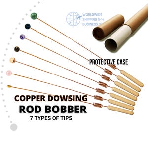 Copper Dowsing One-Handed Rod Bobber with ONYX, Shungite, Tiger&#39;s Eye, Amethyst Serpentine Rose Quartz Brass Tip Copper Tip |