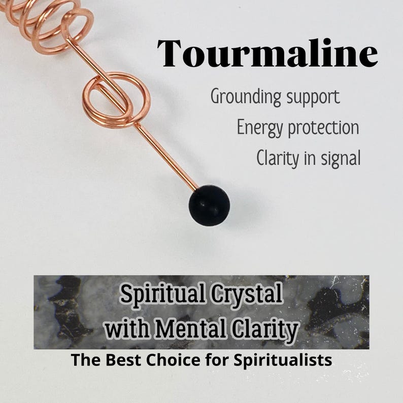 May include: A copper-colored wire wrapped around a black sphere. The word "Tourmaline" is displayed above the text "Grounding support, Energy protection, Clarity in signal". Below is a banner that reads "Spiritual Crystal with Mental Clarity, The Best Choice for Spiritualists."