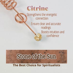 May include: A copper-colored Citrine crystal wand with a spiral design. The wand has a small, round, yellow crystal at the tip. Text on the image reads "Citrine" and "Stone of the Sun".