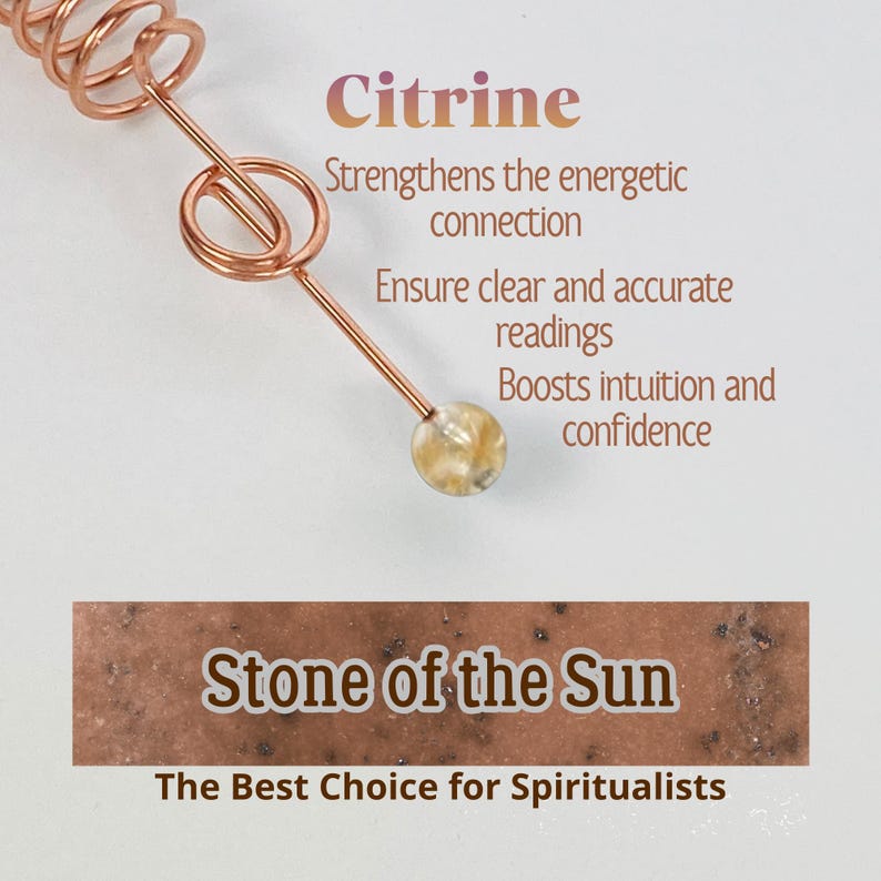 May include: A copper-colored Citrine crystal wand with a spiral design. The wand has a small, round, yellow crystal at the tip. Text on the image reads "Citrine" and "Stone of the Sun".