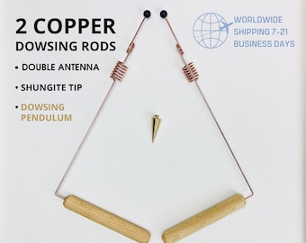 2 Shungite Copper Dowsing Rods with Crystal Tip + Divination Pendulum