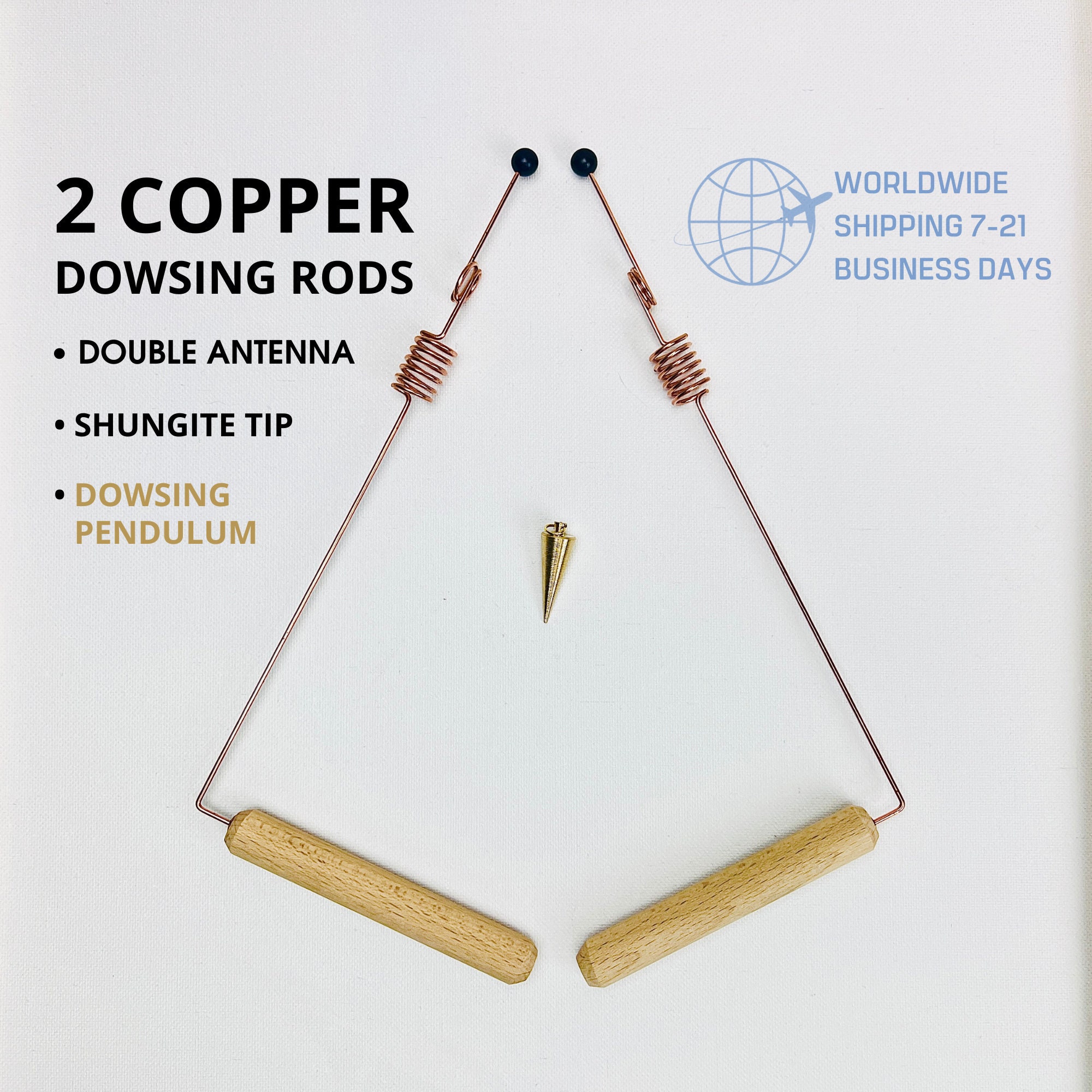 2 Copper Dowsing Rods With Double Resonator Dowsing Pendulum as Gift