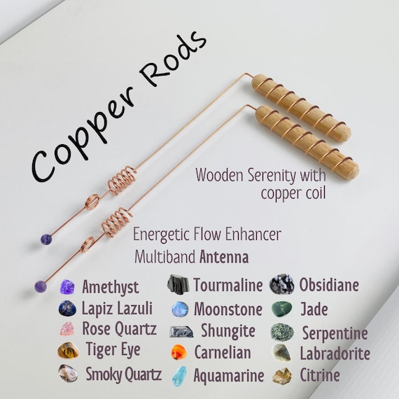 2 Copper Dowsing Rods with Crystals, wooden handles in a copper coil