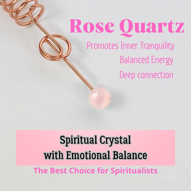 May include: A rose quartz crystal with copper-colored wire accents. The image includes text that reads "Rose Quartz" and "Spiritual Crystal with Emotional Balance". The crystal is a pale pink color.
