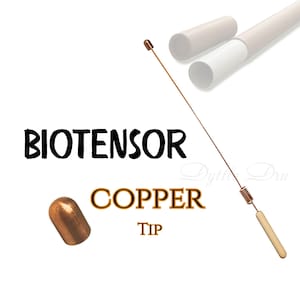 May include: A copper-tipped biotensor with a wooden handle and a copper coil. The image also shows a separate copper tip and a white tube. The text "BIOTENSOR" and "COPPER TIP" are displayed.