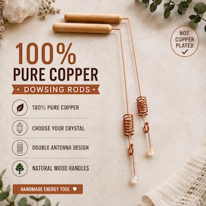 2pcs 100% Solid Copper Dowsing Rods with Crystal - Pure Copper Divining Rod with Wood Handle - Sacred Cubit 144 MHz