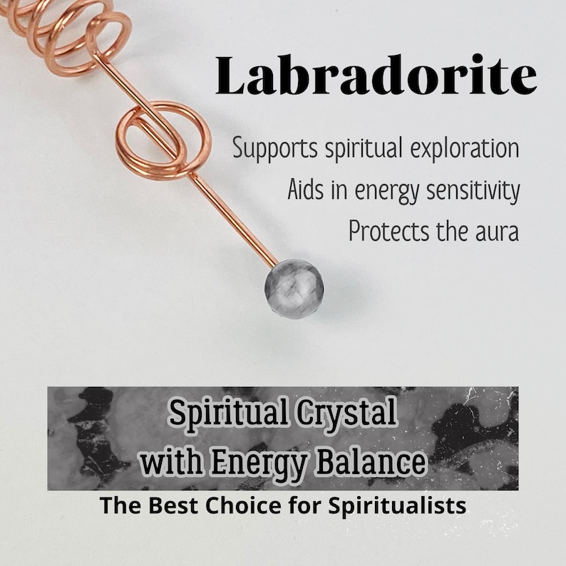 May include: A Labradorite crystal with copper wire accents. The image includes text that reads "Supports spiritual exploration, Aids in energy sensitivity, Protects the aura." Additional text reads "Spiritual Crystal with Energy Balance, The Best Choice for Spiritualists."
