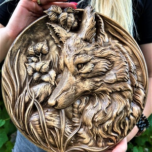 Big Fox Wooden Wall Nature Round Plate | wooden picture | Wood carving picture wall decoration plaque | Wooden decorative plates home decor