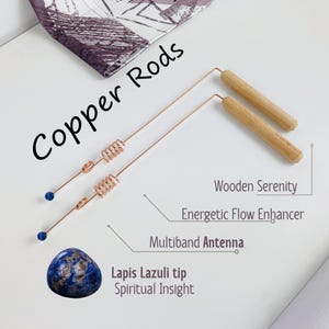May include: Two copper rods with a coiled section and blue lapis lazuli tips. The rods are labeled "Copper Rods" and have wooden handles labeled "Wooden Serenity, Energetic Flow Enhancer, Multiband Antenna". The text "Lapis Lazuli tip, Spiritual Insight" is also included.