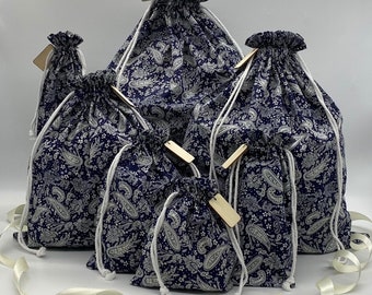 Navy Paisley - Cotton Drawstring Bags