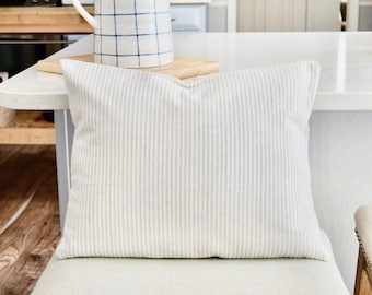 Striped Linen Lumbar Pillow Cover: Neutral Beige and White, 12x16