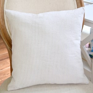 Striped Linen Throw Pillow Cover: Neutral Beige & White (16” x 16”)