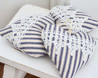 Ticking Stripe Heart Ornament Set: Farmhouse Lace Hearts
