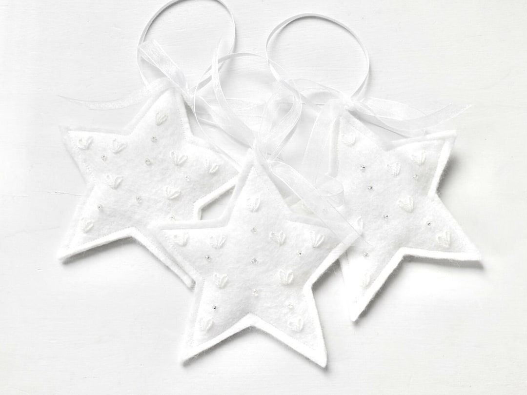 White Wool Felt Stars Ornament Set Hand Beaded Wool Felt Star Ornaments