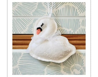 Wool Felt Swan Ornament: Embroidered, Beaded, with Organza Bow