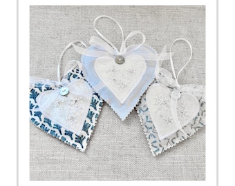 Fabric Heart Ornament Set: Embroidered Snowflakes on Hearts, Set of Three, Cottage Style