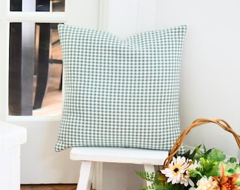 Houndstooth Check Pillow Cover: Teal and White, Farmhouse Decor, 16x16