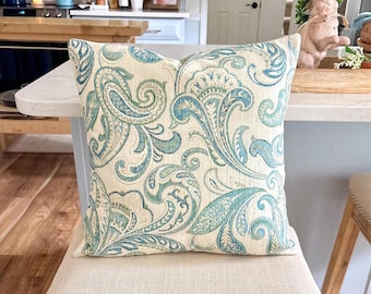Teal and Beige Floral Pillow Cover: Neutral Paisley Pattern, 16x16