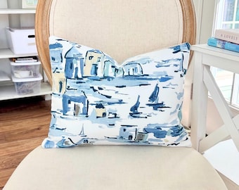 Coastal Village Watercolor Lumbar Pillow Cover: Seaside Cottage Decor