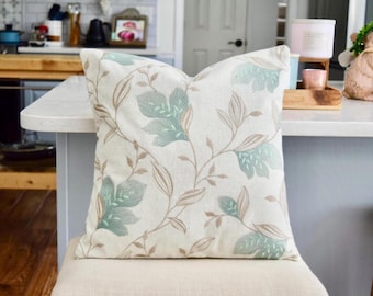Embroidered Floral Pillow Cover: Beige Linen, Sage Green Accent