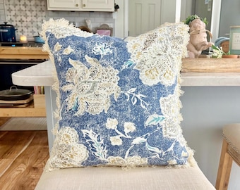 Blue Floral Print Pillow Cover: Fan Edge Trim Accent Pillow