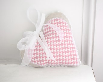 Pink Houndstooth Heart Pillow: Cottage Farmhouse Hanging Decor, Valentine's Day Gift