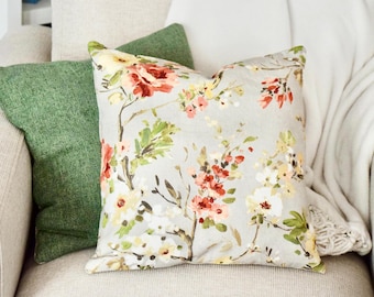 Floral Print Pillow Cover:  Coral and Sage Print, English Country Cottage Style