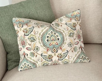 Floral Print Lumbar Pillow Cover: Green Beige Damask, 12x16, Cottage Decor