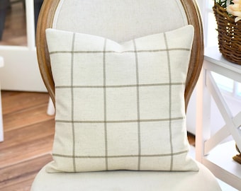 Neutral Beige Windowpane Pillow Cover: Cottage Decor, 16x16