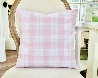 Pink Plaid Cotton Flannel Pillow Cover - 16” x 16”