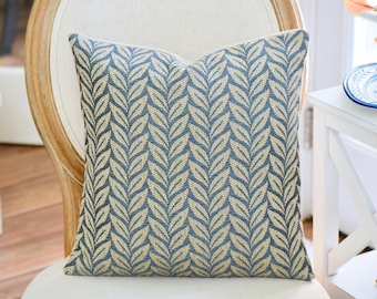 Blue and Beige Pillow Cover: Vertical Leaf Print Pattern, Performance Fabric, 16x16