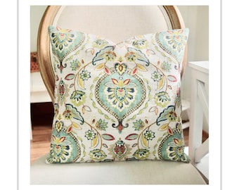 Floral Print Pillow Cover: Green Beige Damask, 16" Cottage Decor