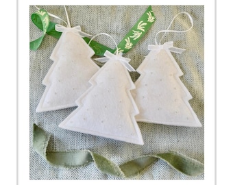 White Wool Felt Tree Ornament Set: Hand-Beaded Farmhouse Decor