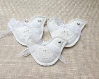 White Wool Felt Bird Ornaments: Set of Three, Hand-Beaded Farmhouse Decor