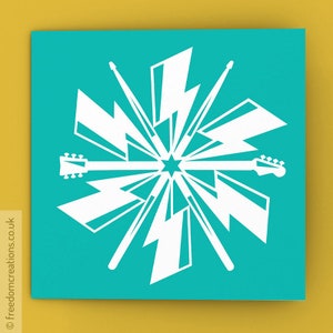 Rock n Roll Christmas Card - Teal Snowflake, Drumsticks, Guitars, Christmas card for drummer guitarist