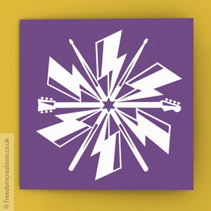 Rock n Roll Christmas Card - Purple Snowflake, Drumsticks, Guitars, Christmas card for drummer guitarist
