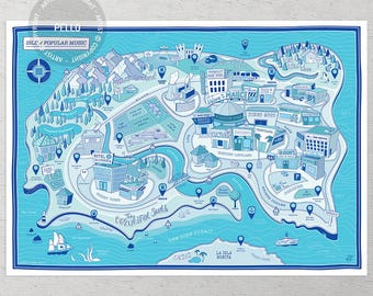Isle of Popular Music - Illustrated map poster art print for music lover, cool music art, A3 print, A2 print