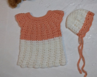 Crochet Baby Dress set, 6 to 9 months Baby Clothes, Baby Dress and Bonnet set, Handmade Baby Clothes, Infant Dress, Baby Girl Dress set.