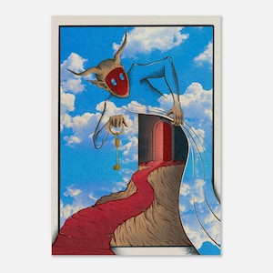 Pode incluir: Uma impressão de arte surrealista com uma figura com chifres e máscara vermelha segurando uma chave dourada. A figura emerge de uma porta escura para um caminho vermelho, contra um céu azul brilhante com nuvens brancas. Borda escura.