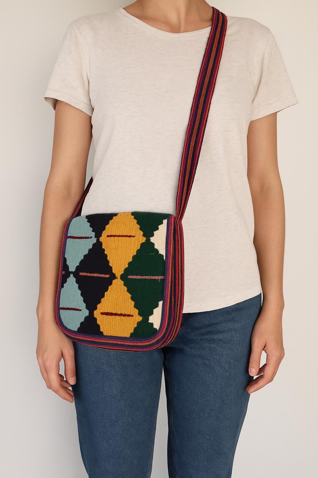 Boho Kilim-Style Crossbody Bag – Handwoven Wool Look, Never Used Vintage Kilim Crossbody Bag: Turkish Wool Boho Purse - Etsy  main image 3