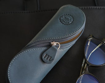 Customisable Genuine Leather Glasses Case, Slate Blue, Personalised