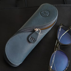 Customisable Genuine Leather Glasses Case, Slate Blue, Personalised