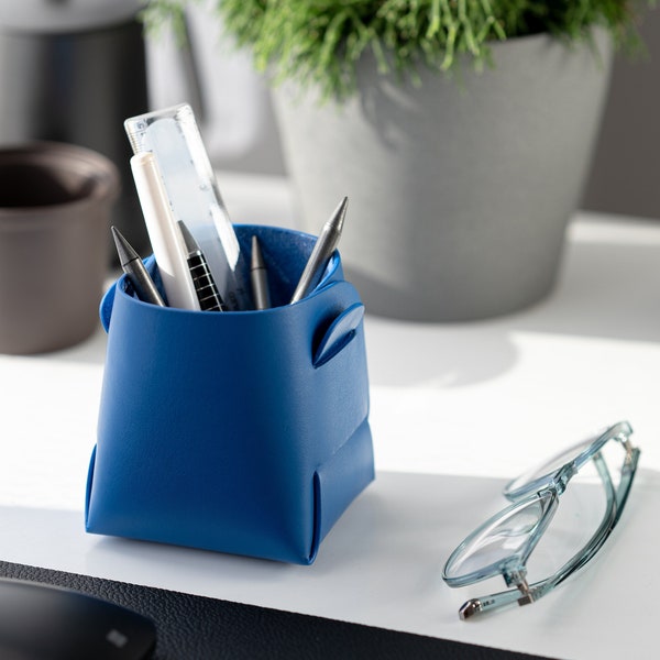 Cromer Blue Leather Pen Pot - Pencil Desk Tidy