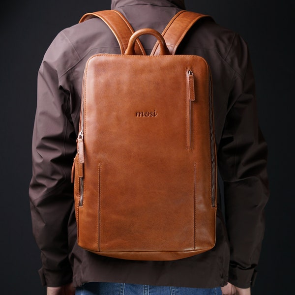 Leather Backpack | Luxury Cognac Leather Rucksack & Laptop Bag by mosi