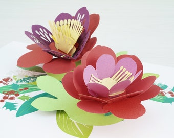 Mistletoe Christmas Flowers 3d Pop Up Card | Festive Xmas Card Handcrafted Flowers Lotus Christmas Bells